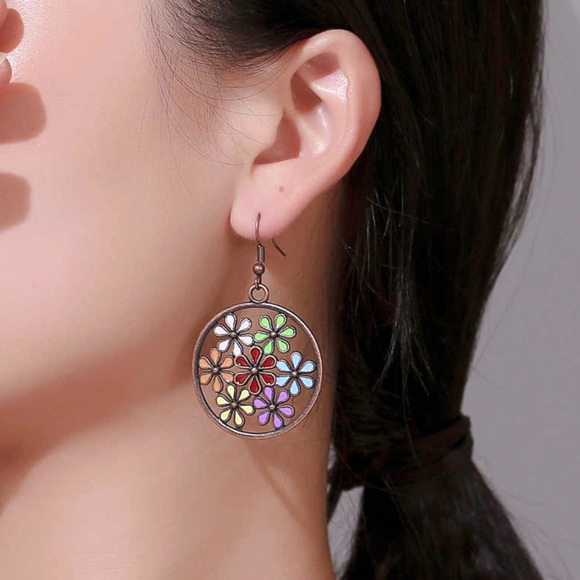 Any 4/$25! Copper Circle Colorful Flower Earrings - Picture 5 of 8